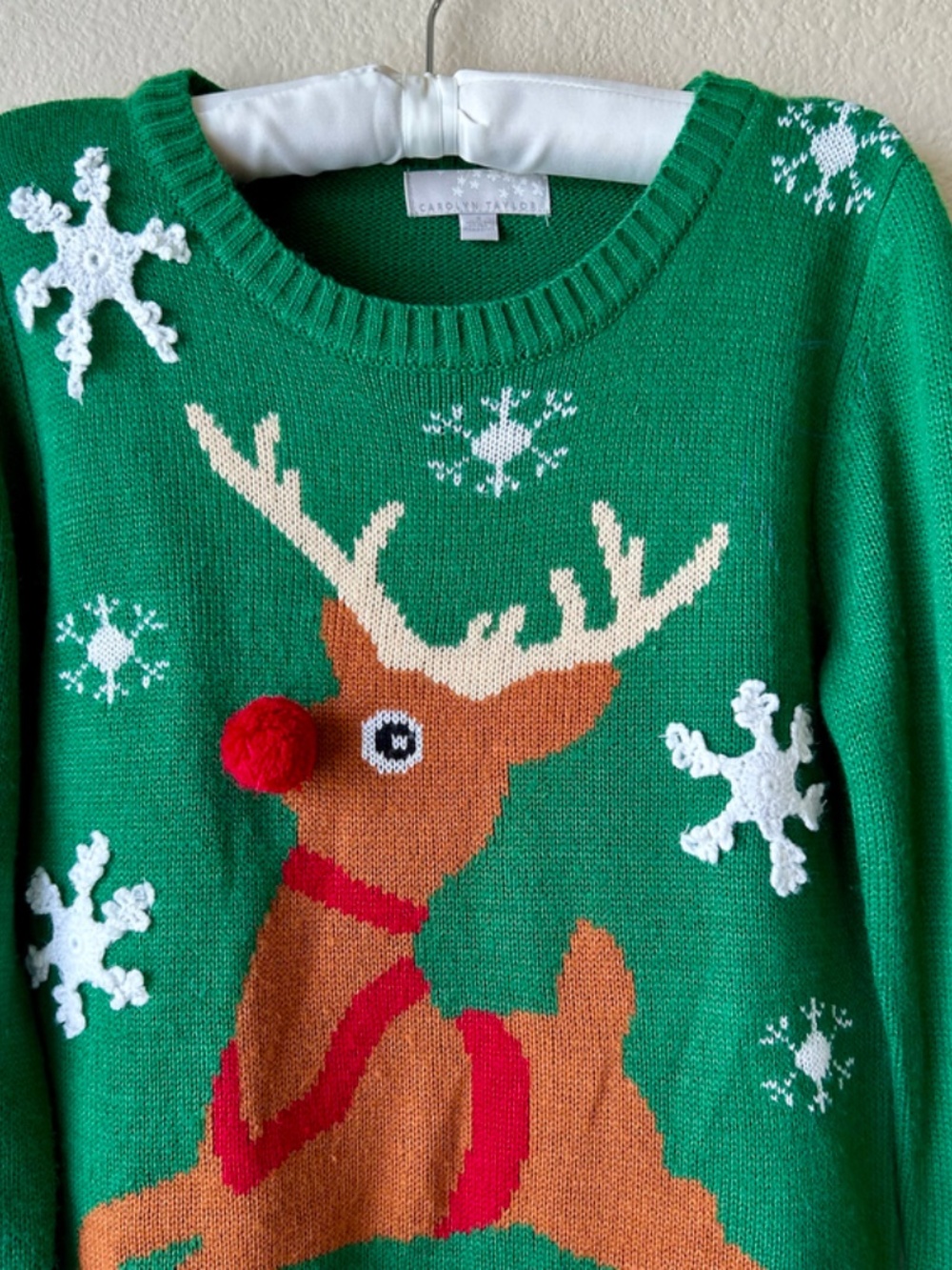 Reindeer Holiday Sweater Green Brown Red White Snowflake Long Sleeve Crew Small - Picture 3 of 9
